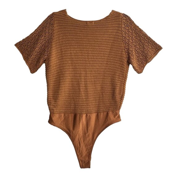 Gimmicks BKE Women Crochet Knit Bodysuit Short Sleeve Snap Bottom Sz M Orange - Picture 3 of 14